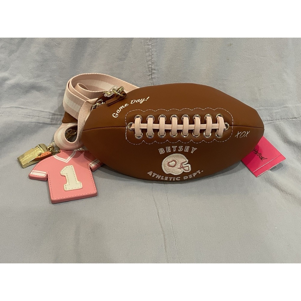 NEW Betsey Johnson "Game Day" Pink Brown Football Crossbody Purse w/ 2 Charms
